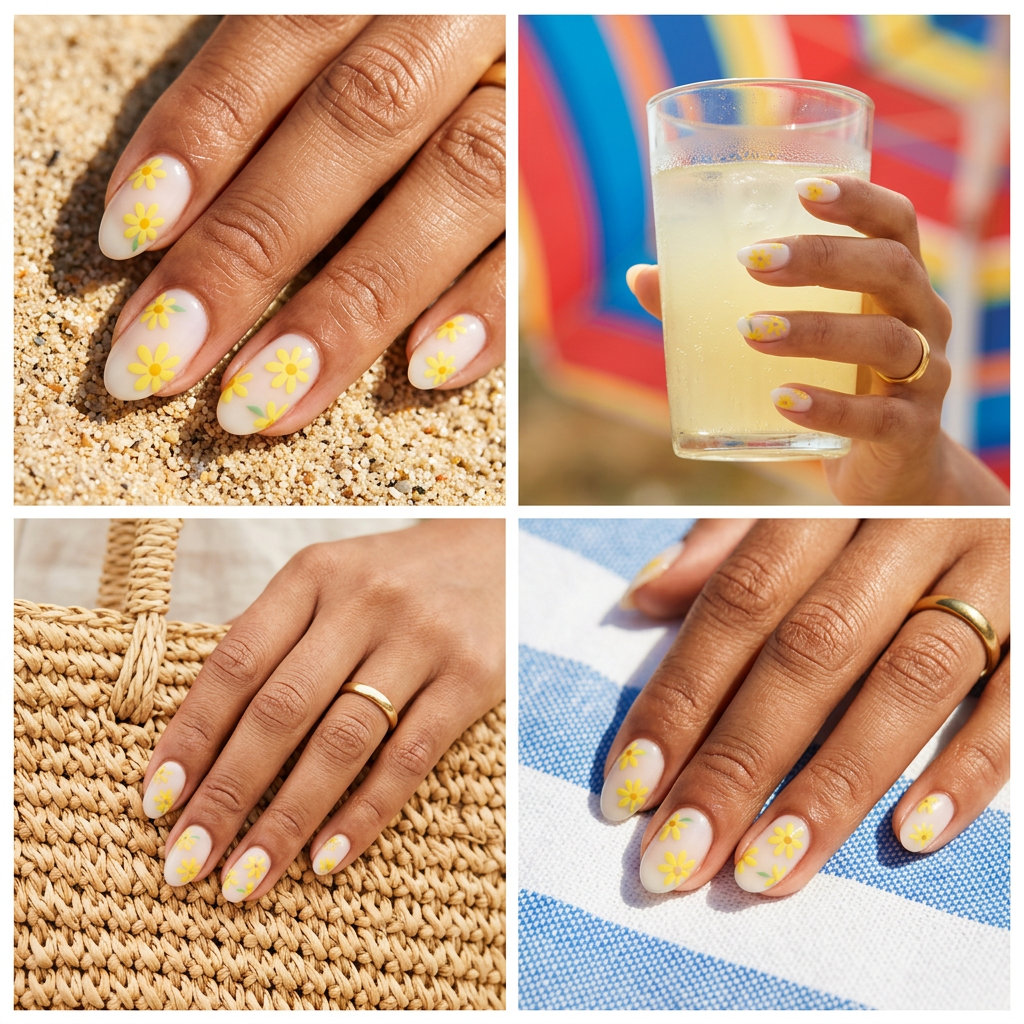 Retro Daisy Almond Nails 2026 Retro daisy decal almond short summer nails 2026 for vacation and casual weekends.