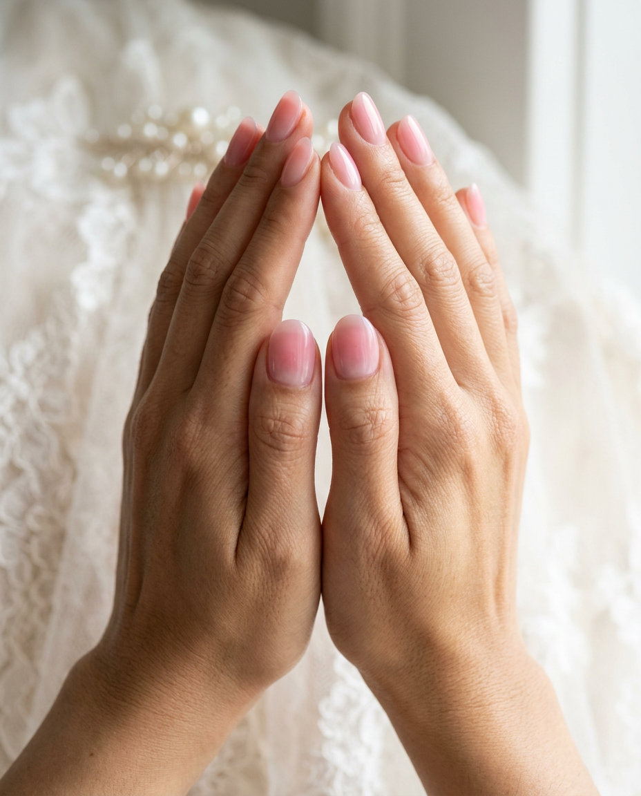 Short Summer Nails 2026: Sheer Pink Aura Short summer nails 2026: Romantic sheer pink aura gradient for a delicate, ethereal bridal look.