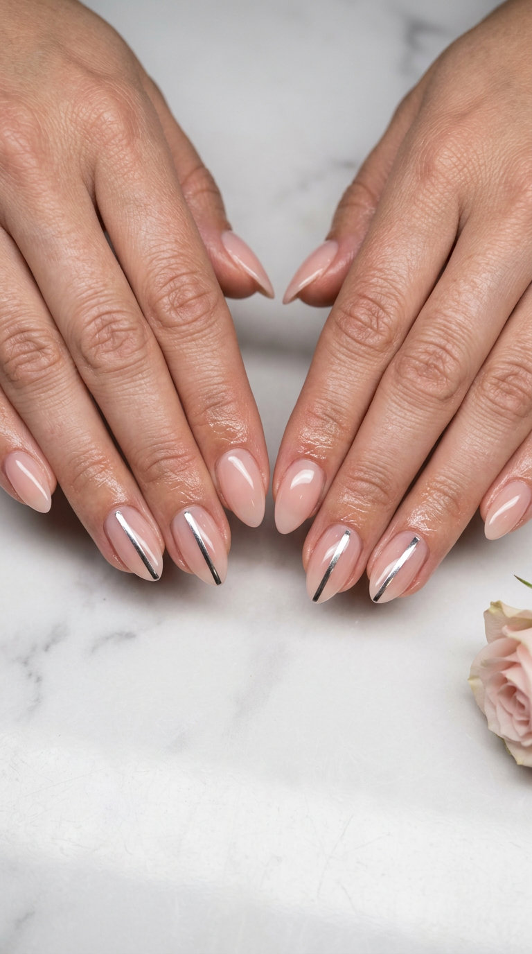Short Summer Nails 2026: Silver Line Stilettos Short summer nails 2026: Sleek silver line accent stiletto for formal events. Edgy, minimalist design.