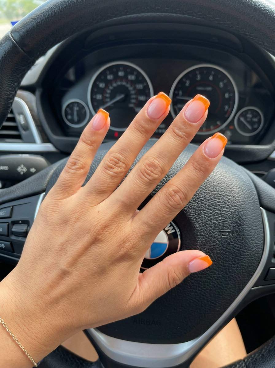 Short Summer Nails 2026: Tangerine Jelly French Short summer nails 2026: Zesty tangerine jelly French tips on a natural pink base for vacation vibes.