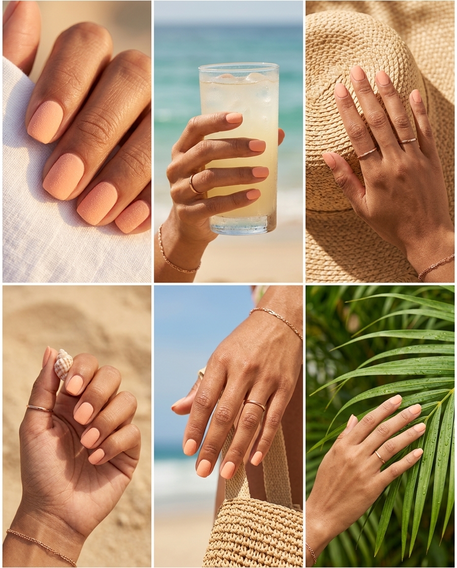 Textured Peach Sugar Nails 2026 Textured peach sugar squoval short summer nails 2026 for casual summer days.