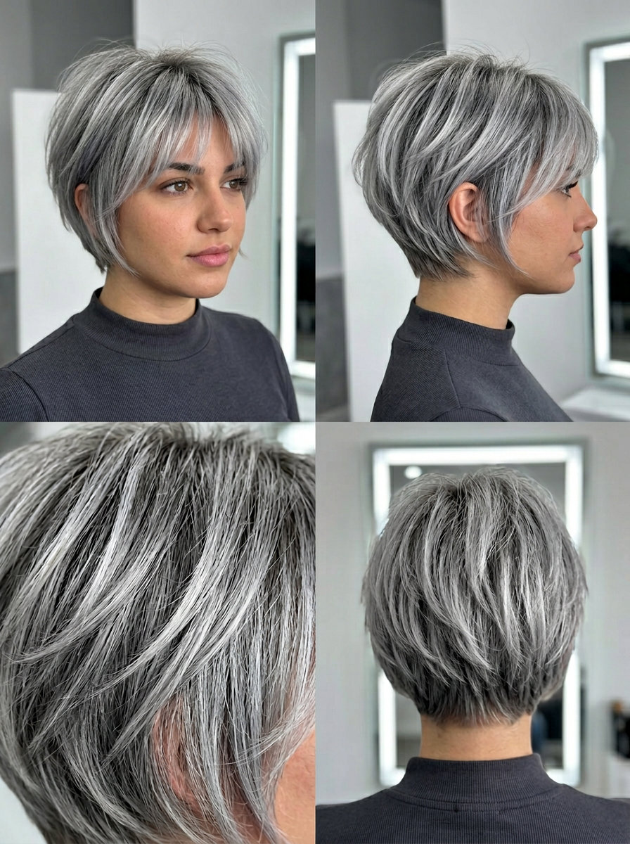 very short shag with cool silver & charcoal tones, razored layers, wispy fringe, tapered nape — sophisticated edgy confident