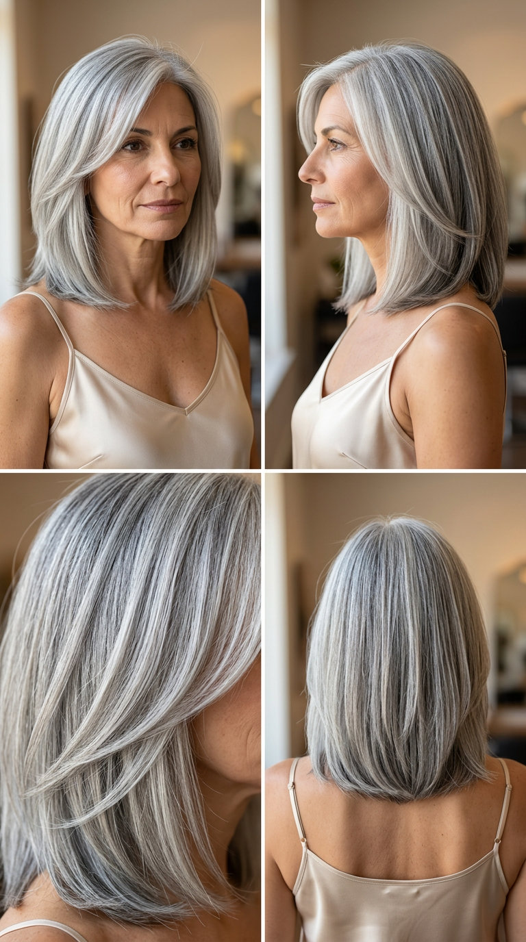 collarbone-length silver lob with minimal layers and blunt ends for chic summer