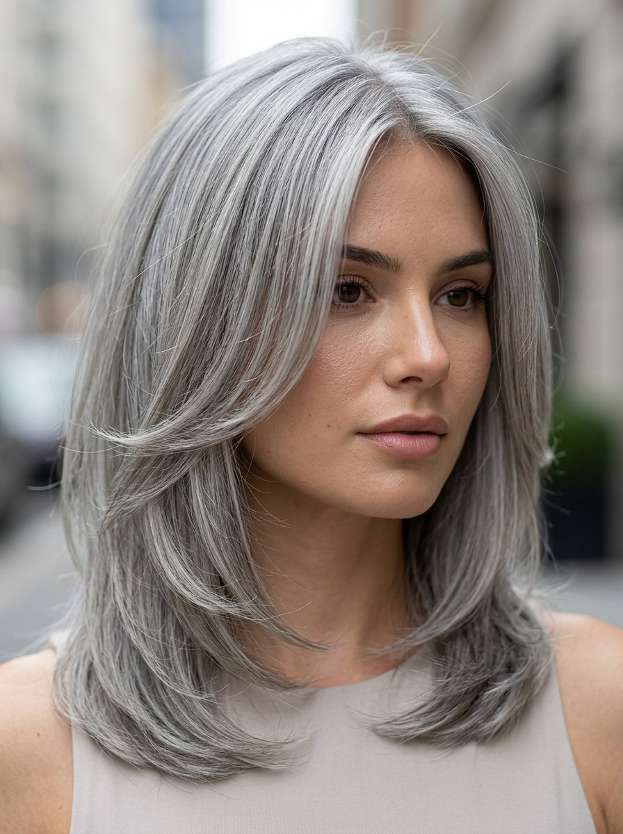 medium butterfly haircut in cool silver-grey with charcoal lowlights, icy platinum highlights, no bangs — sophisticated chic