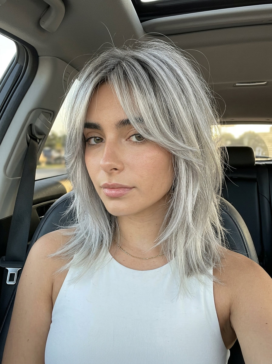 medium silver-grey wolf cut with charcoal root smudge, sharp razored layers, cheekbone face-frame — edgy gallery opening style