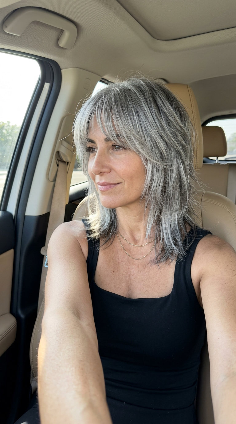 medium-length silver shag haircut with choppy layers and brow-skimming fringe for summer