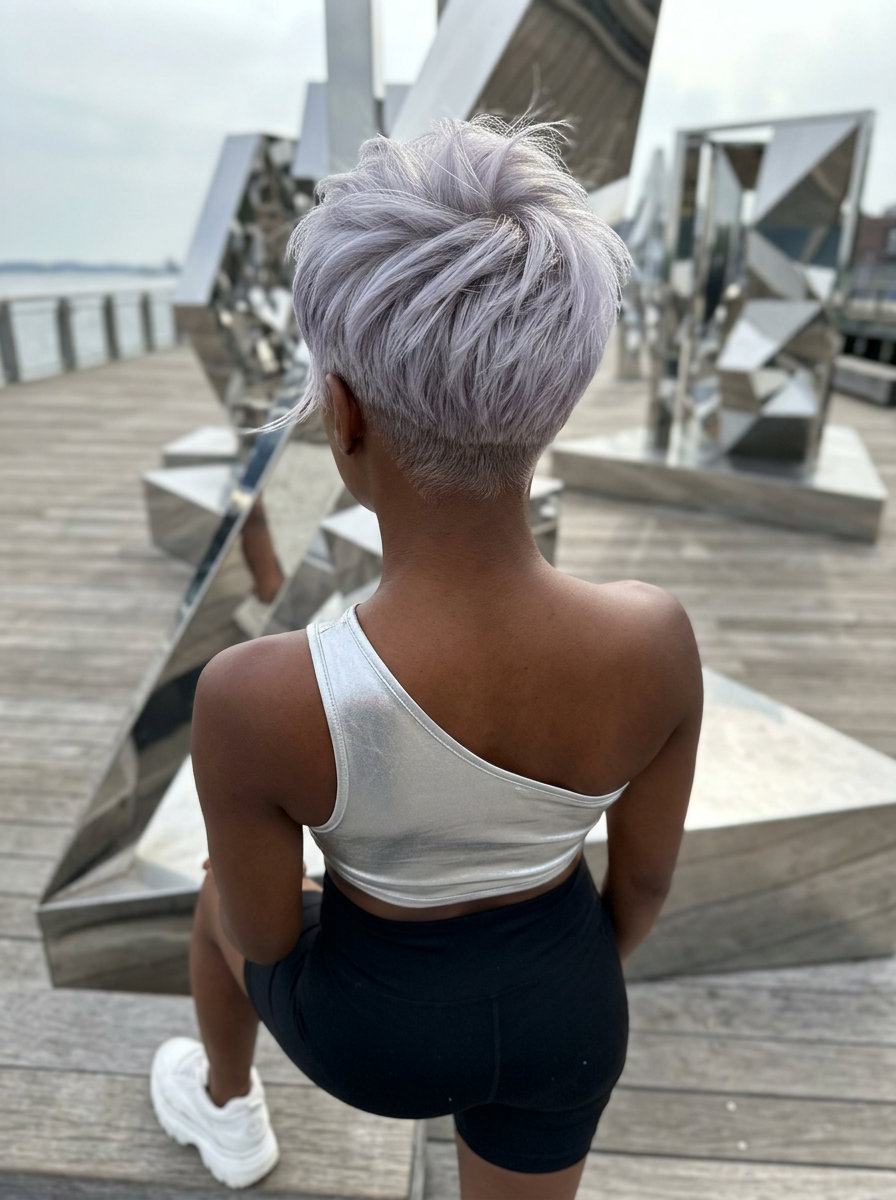 ultra-short pixie haircut with silver platinum, clipper-faded undercut and jagged micro-fringe for summer