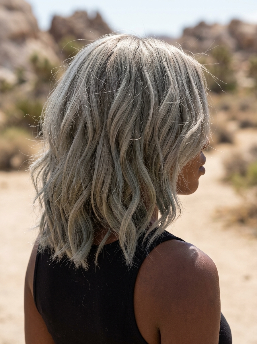 short silver sage ash all-over with matte finish, no fringe — edgy