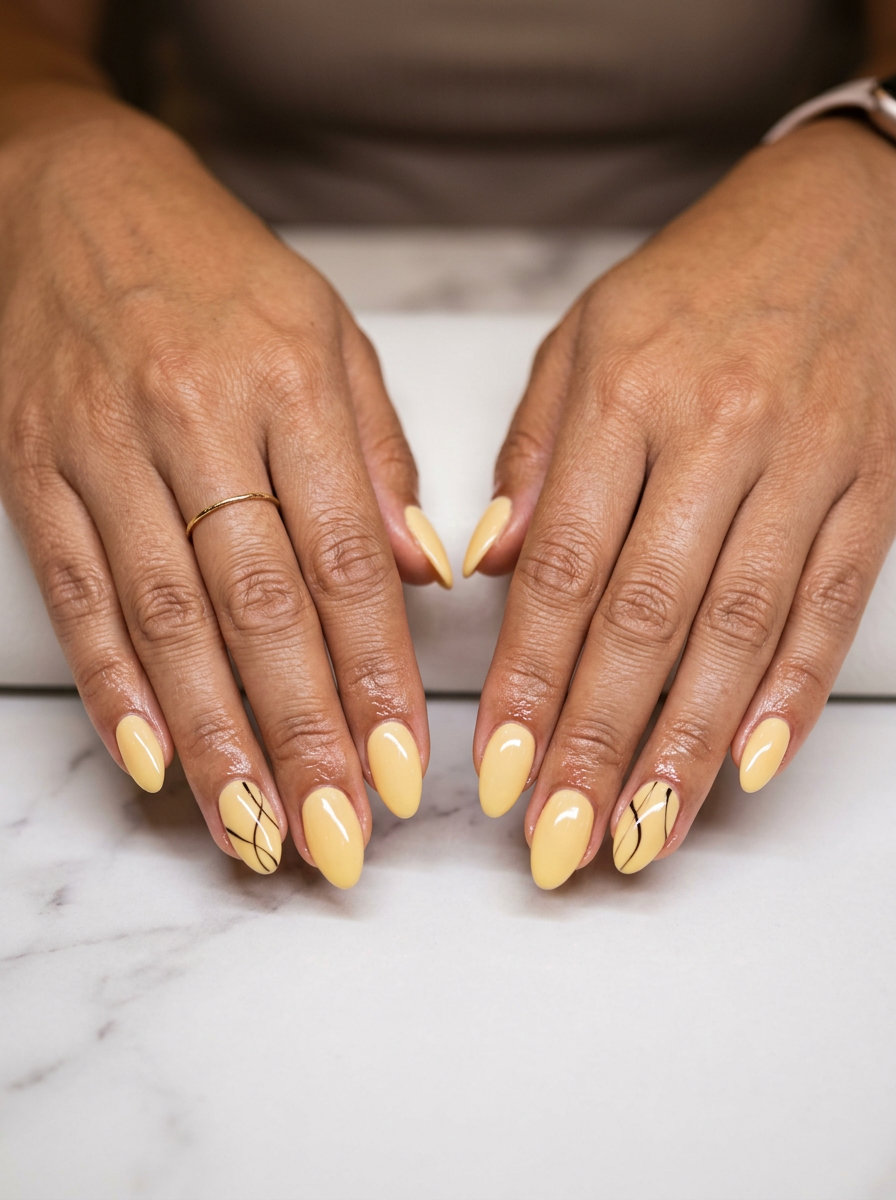 Butter yellow abstract line art acrylic nails, perfect for simple summer acrylic nail designs 2026, daily wear, and casual outings.