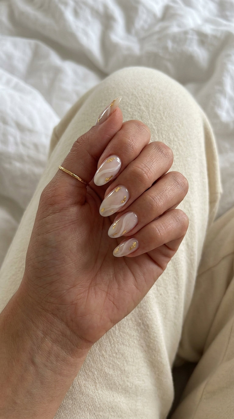 Cloudy Gold Swirls Oval nails: Bohemian milky white & gold foil acrylics for festivals & summer events. Simple summer acrylic nail designs 2026.