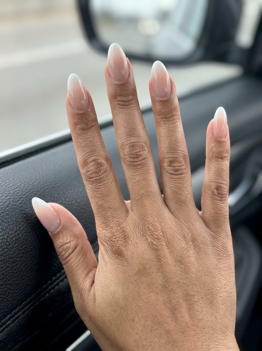 Cloudy ombre French almond nails, an elegant option for simple summer acrylic nail designs 2026, office wear, and casual chic.