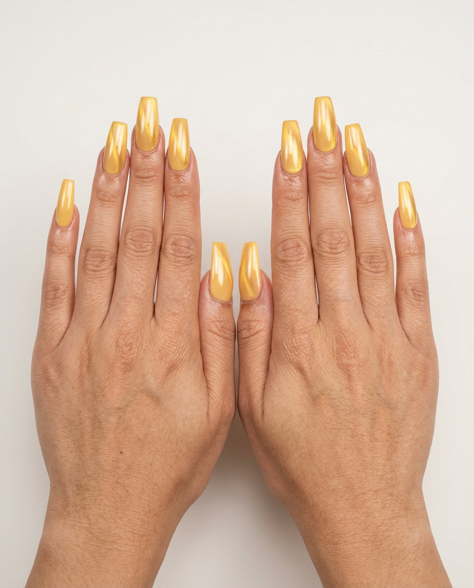 Golden Hour Chrome Coffin nails: butter yellow with gold/amber shift. Perfect for summer date nights and festivals. Simple summer acrylic nail designs 2026.