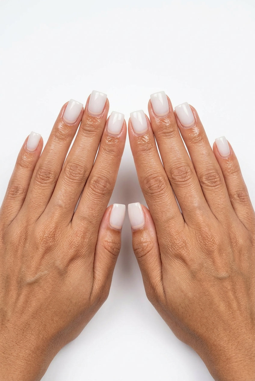 Subtle Milk Reverse French nails: Milky white & nude acrylics for chic daily & work looks. Simple summer acrylic nail designs 2026.