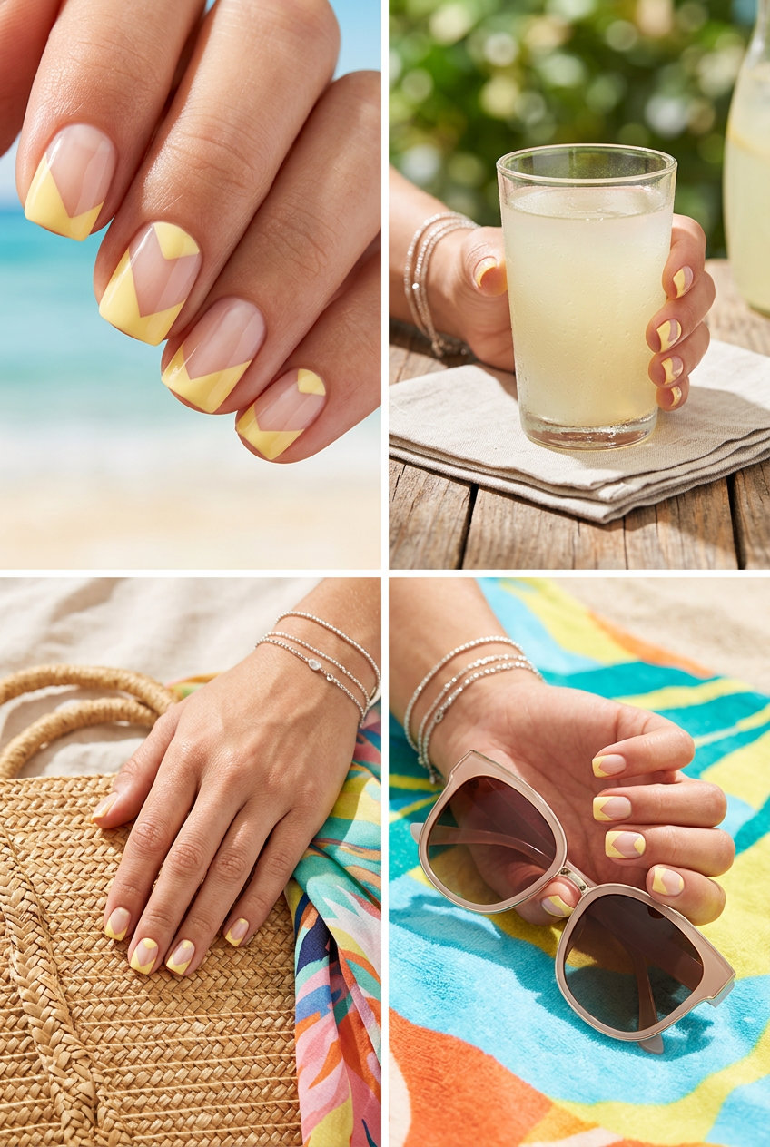 Minimalist Butter Yellow Geo nails: Chic butter yellow geometric acrylics with matte finish for office & daily wear. Simple summer acrylic nail designs 2026.