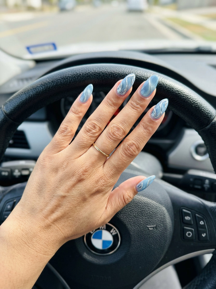 simple summer acrylic nail designs 2026 - Ocean Cat-Eye Swirls outfit idea