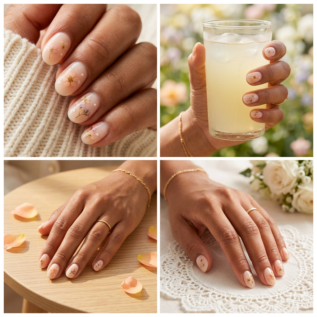 Peach Fuzz Milk Bath Almond nails: Romantic milky peach acrylics with floral accents for summer weddings. Simple summer acrylic nail designs 2026.
