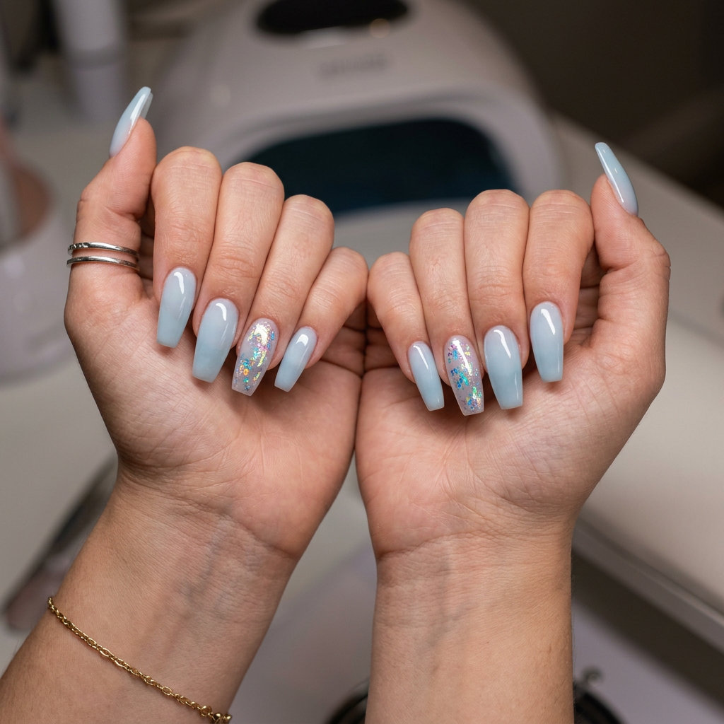 Sky Chrome Flake Accent nails: sheer light blue with holographic flakes. Ideal for vacation, casual summer days, and beach parties. Simple summer acrylic nail designs 2026.