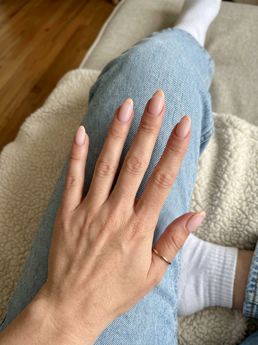 Soft Peach Fuzz Micro French nails: Elegant soft peach tips on pink base for office & brunch. Simple summer acrylic nail designs 2026.