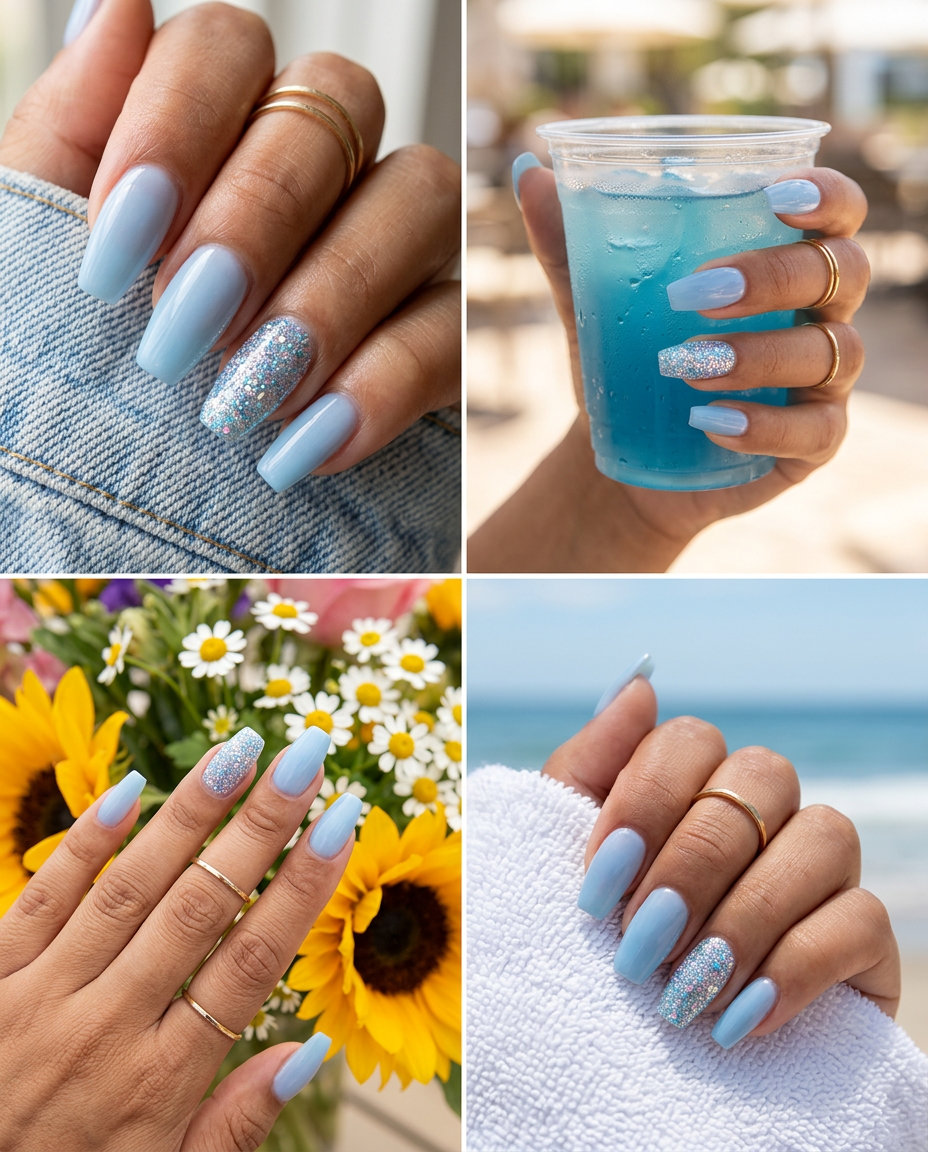 Sparkling Sky Blue Glitter Accent nails: sheer light blue with iridescent glitter. Great for parties, summer nights out, and celebrations. Simple summer acrylic nail designs 2026.