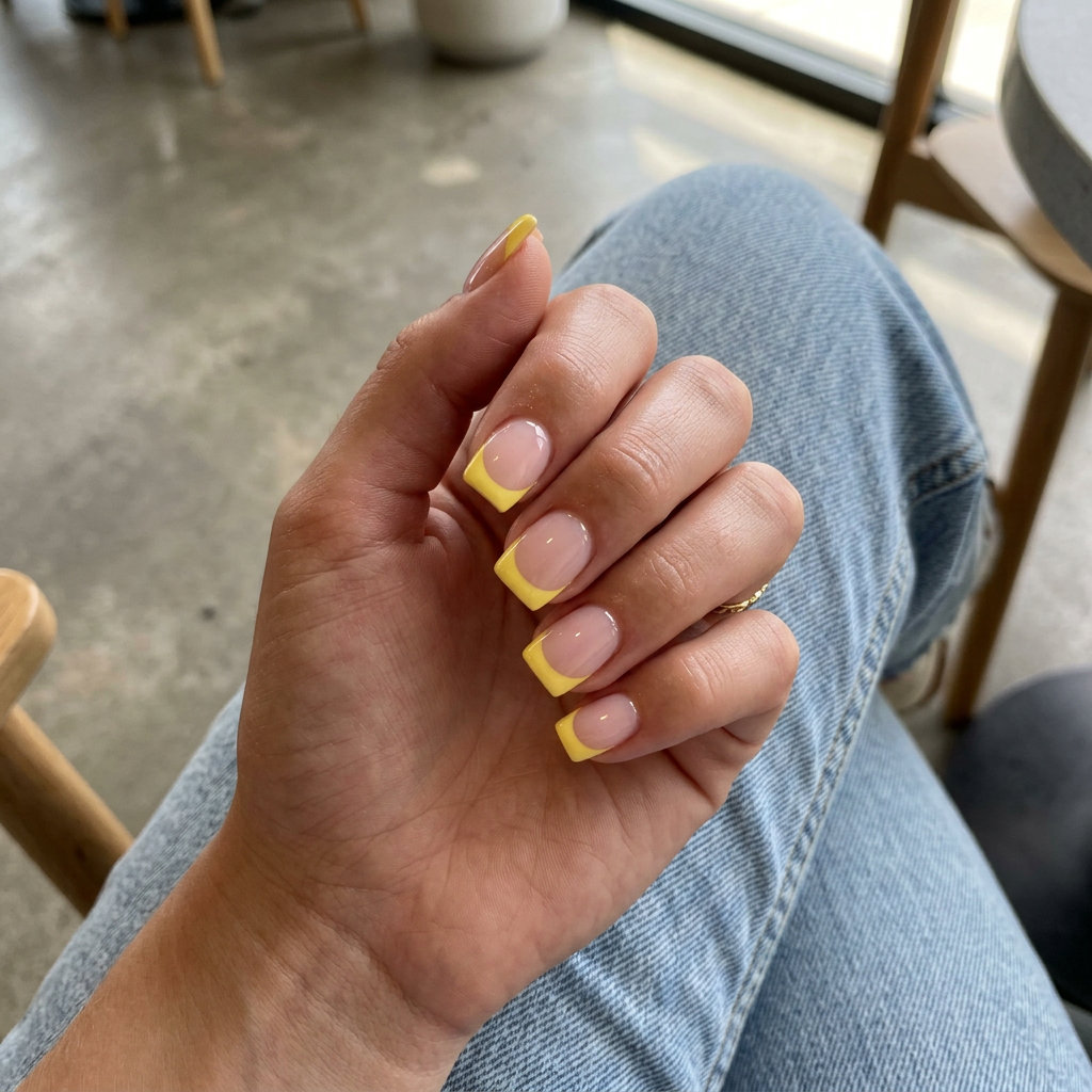 Sunny butter yellow French nails, a cheerful choice for simple summer acrylic nail designs 2026, casual weekends, and picnics.