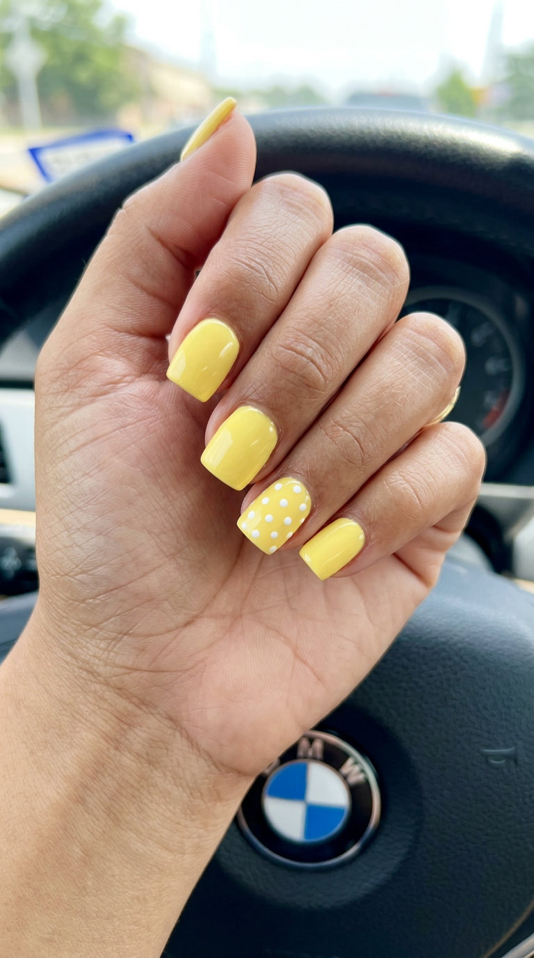 Sunshine dot accent nails, a playful option for simple summer acrylic nail designs 2026, casual weekends, and summer outings.