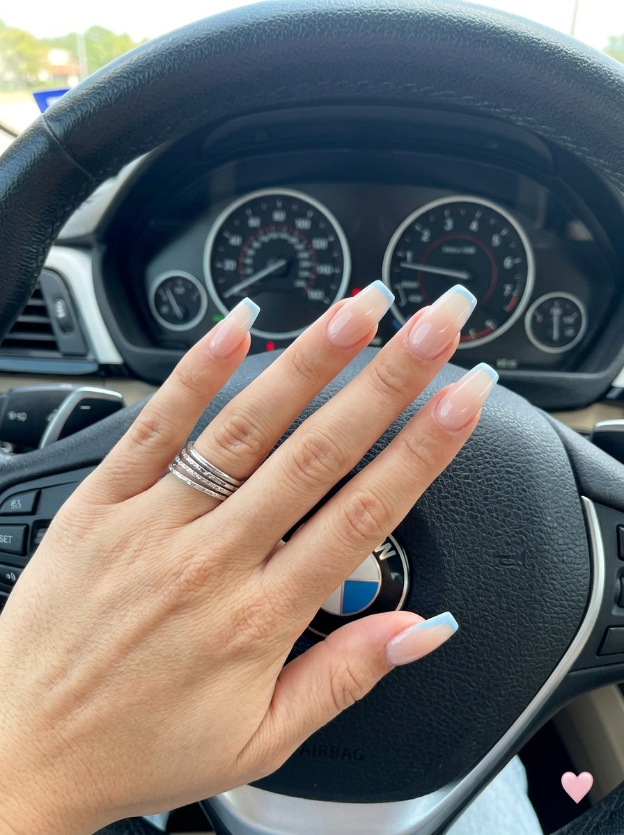 Baby Blue Micro French Square nails for work or summer events, minimalist chic simple summer nails 2026.
