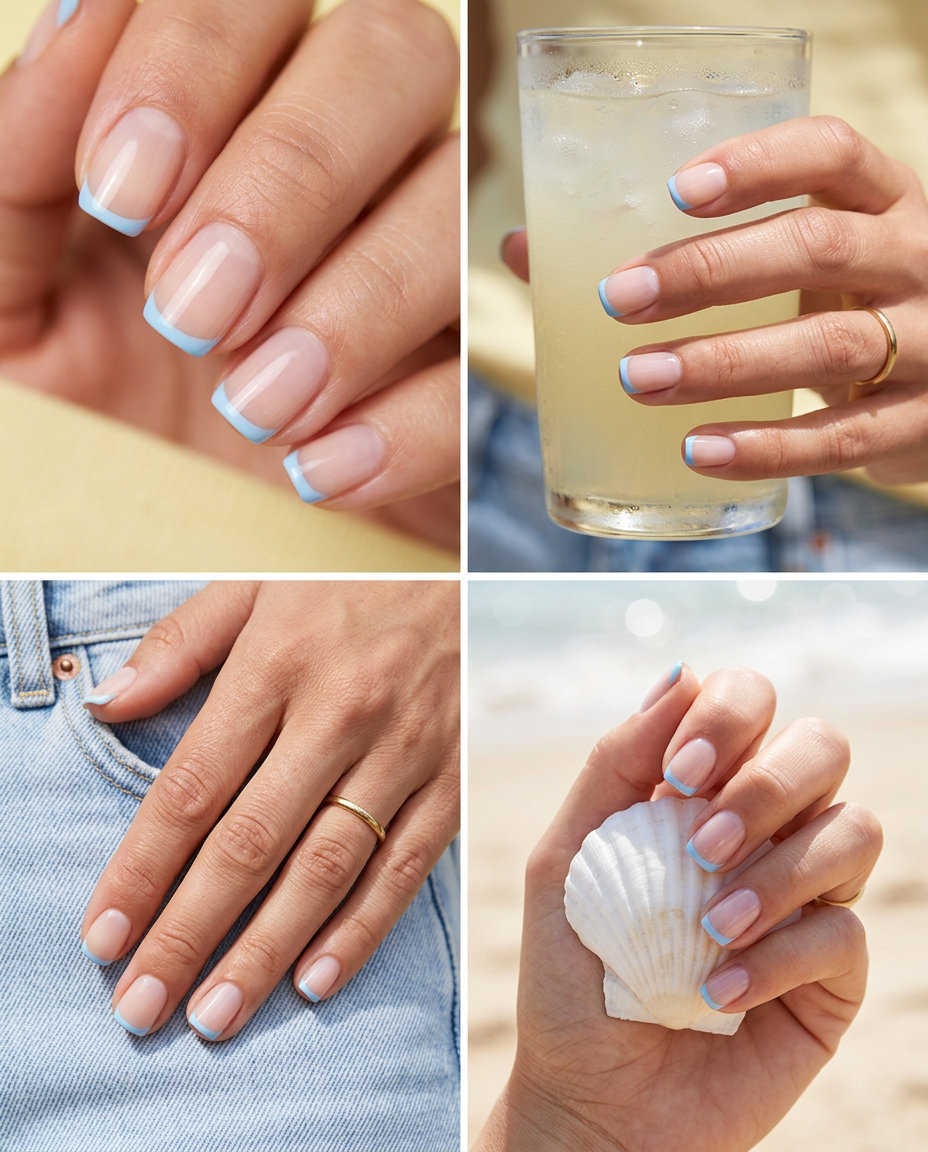 Simple summer nails 2026: Baby blue micro French tips on sheer base. Clean, refined.