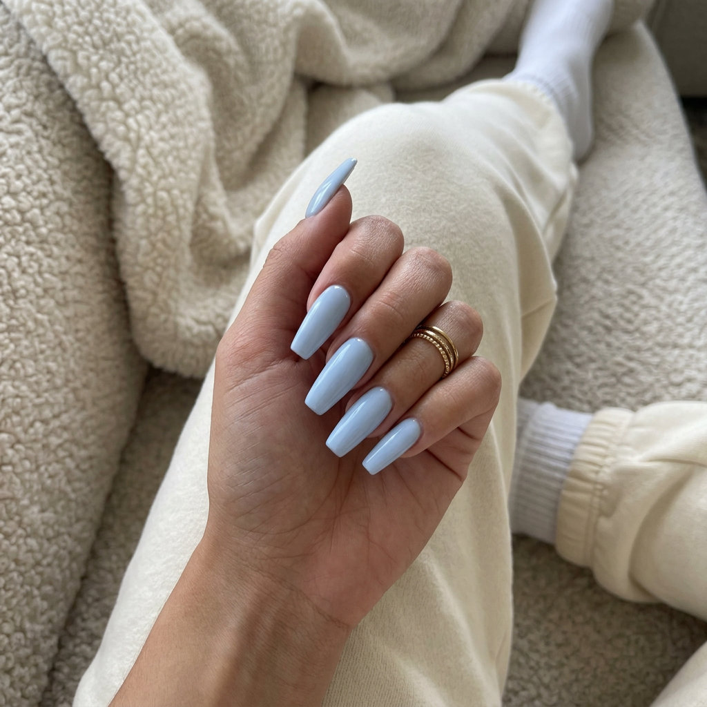 Simple summer nails 2026: Milky baby blue coffin shape. Sophisticated, serene for daily wear.