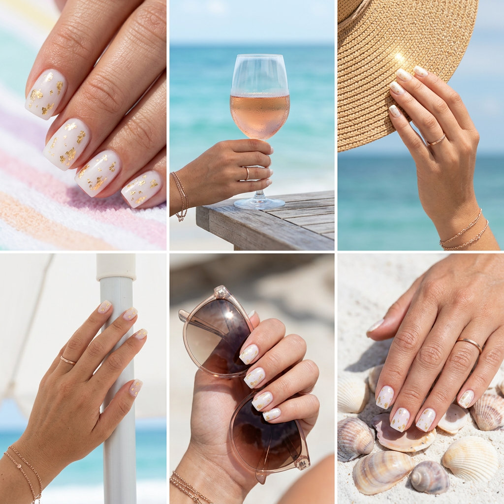 Milky white jelly with gold foil flakes for simple summer nails 2026. Glamorous and chic for parties.