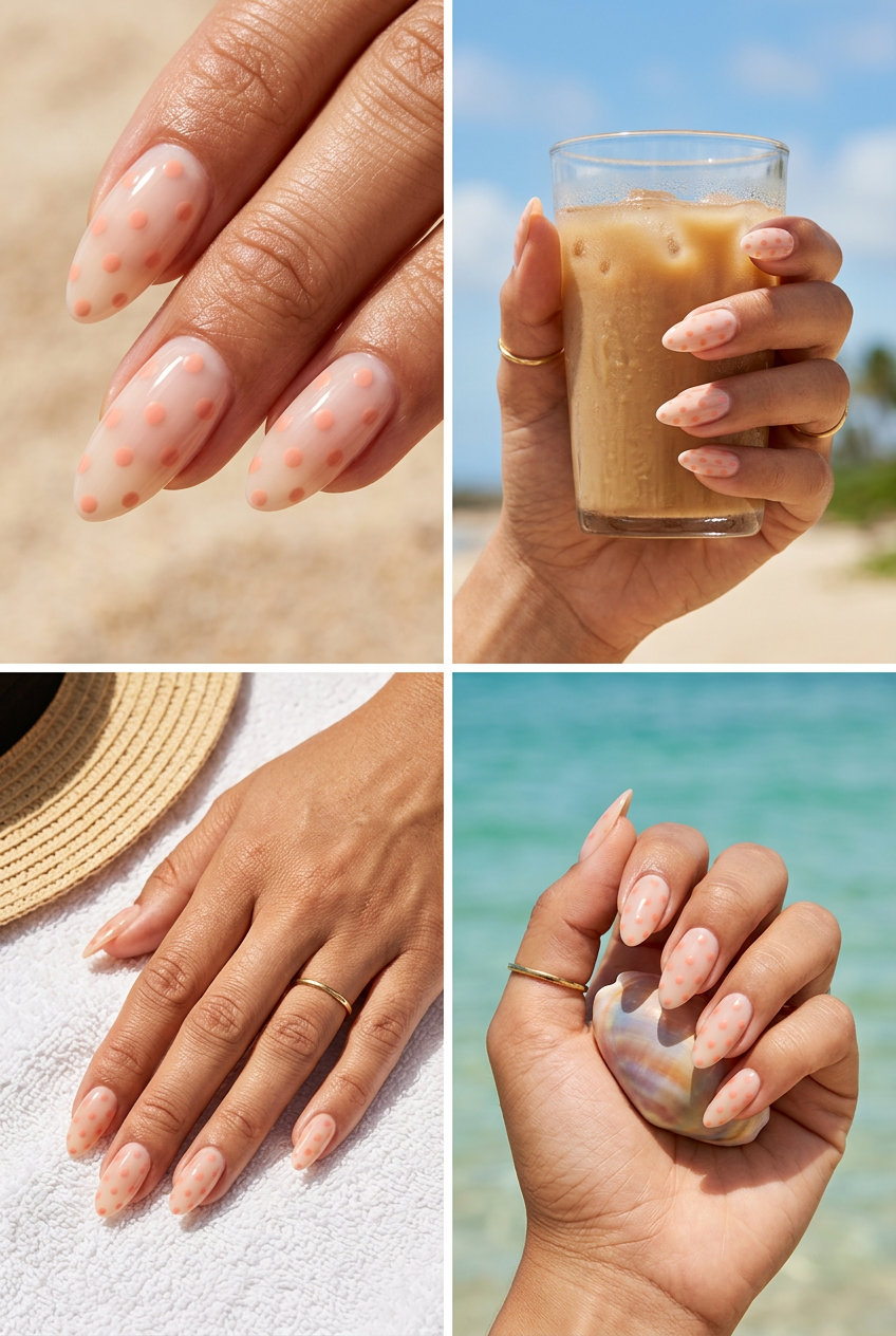 Simple summer nails 2026: Pale coral dots on sheer nude base. Playful, chic for vacation.