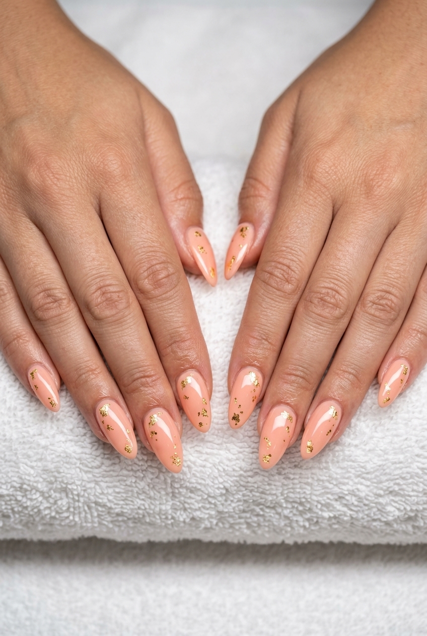 Pale coral gold foil flakes almond nails for simple summer nails 2026. Glamorous and festive for parties.