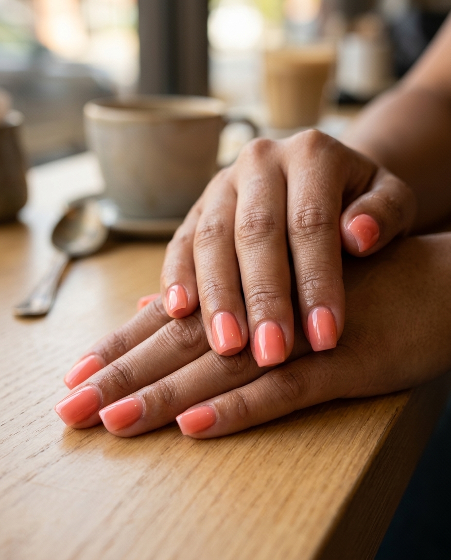 Simple summer nails 2026: Pale coral jelly square shape. Vibrant, fun for vacation.