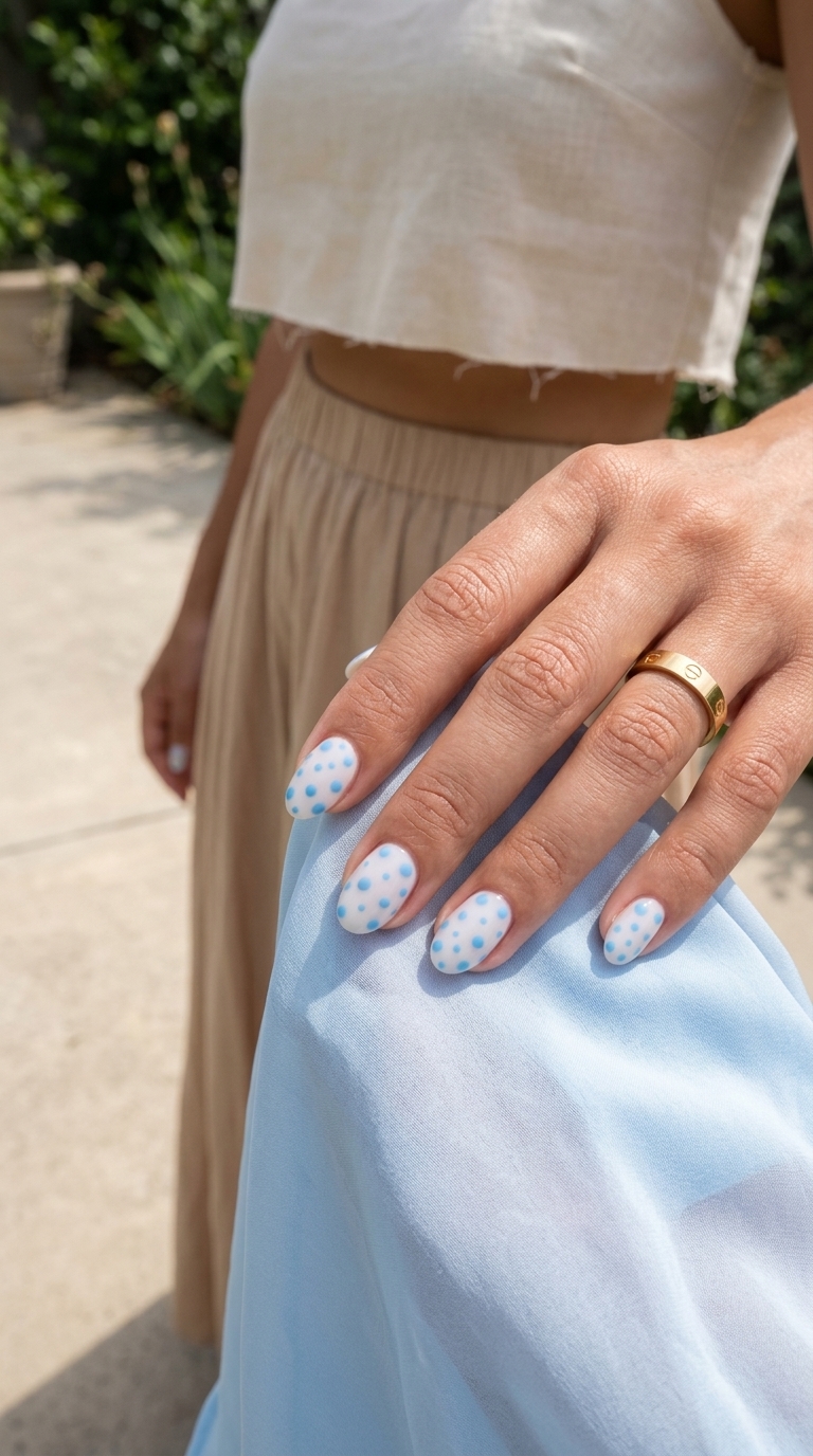 Playful baby blue dots oval nails for simple summer nails 2026. Whimsical and fun for casual weekends.
