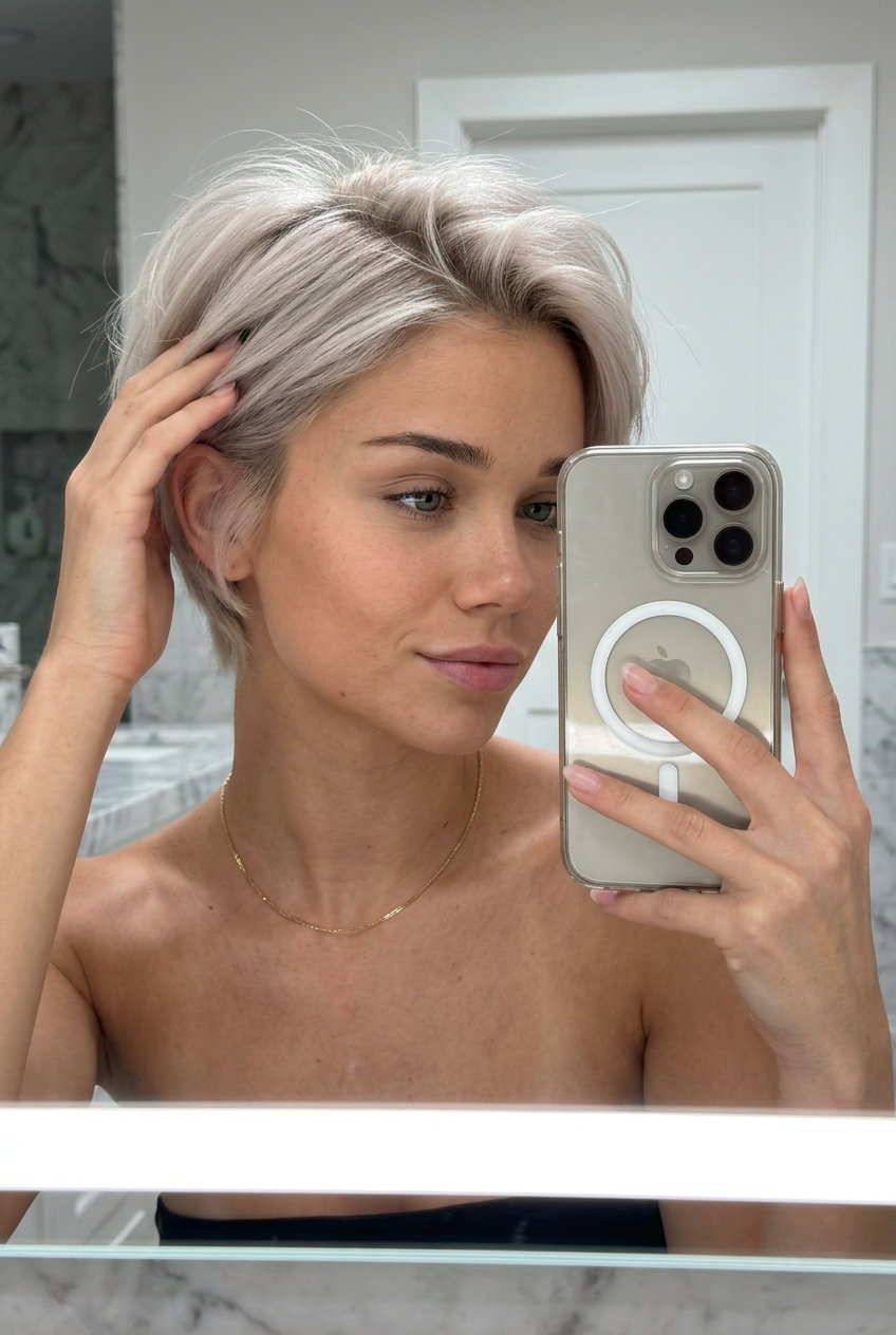 short soft pixie haircut with smoked pearl platinum blonde and grey undertones, tapered sides, wispy fringe — edgy chic look