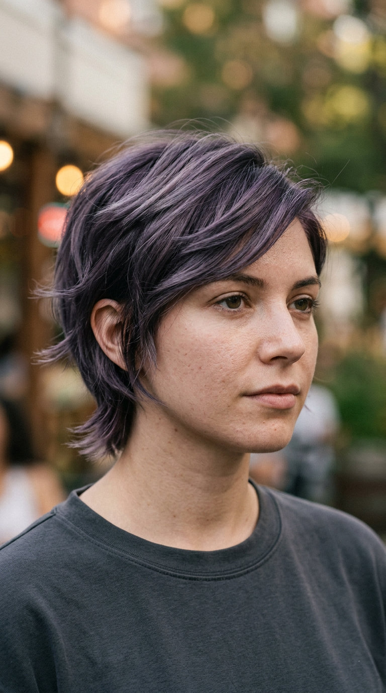 very short pixie haircut with smoky amethyst and lavender highlights, deep violet root, wispy sideburns for formal event