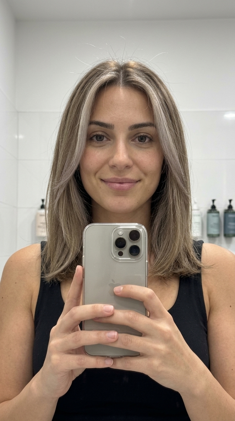 long layered ash blonde face-framing highlights with cool beige tones for soft chic look