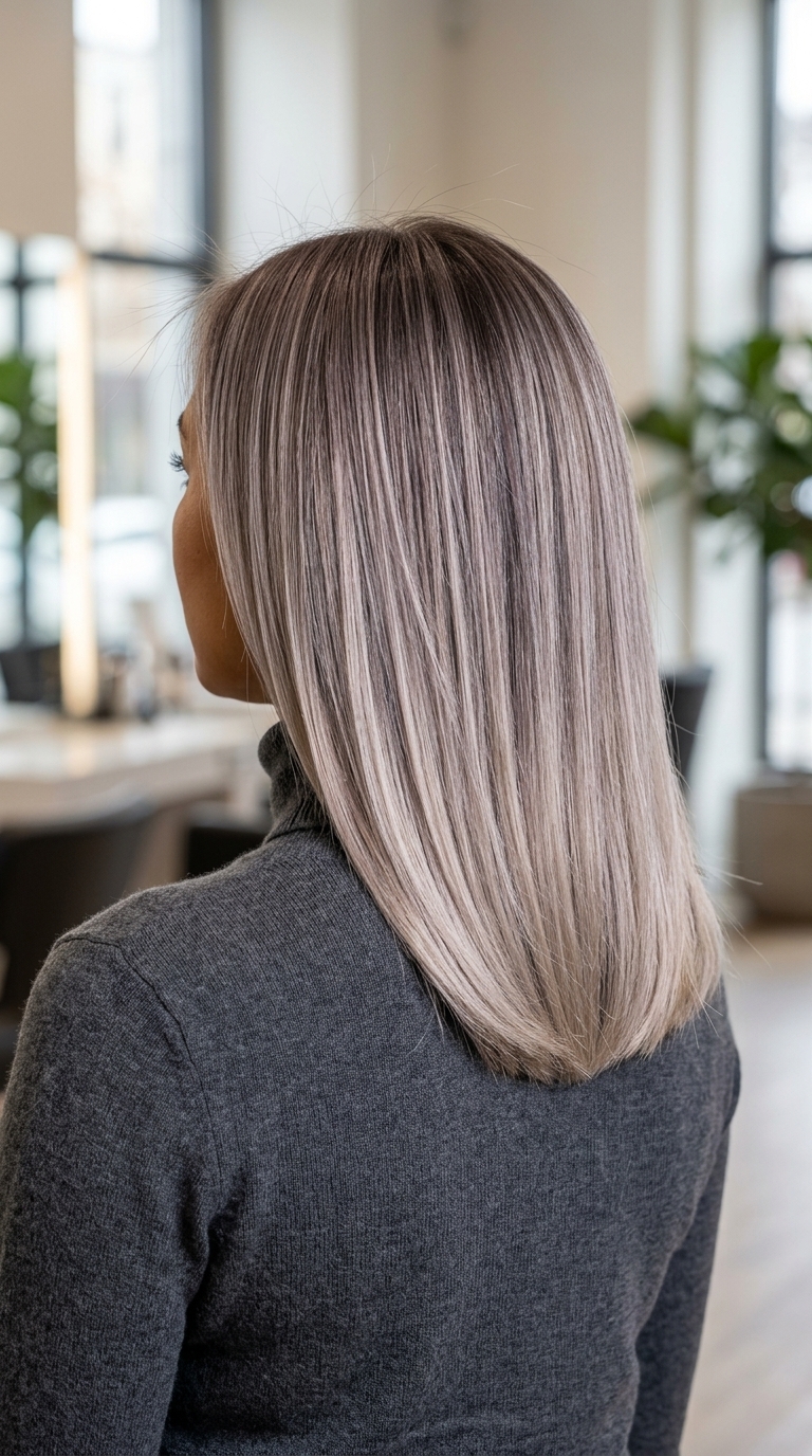 long smoky pearl ash blonde with violet reflects, fine foilayage, no fringe — sophisticated