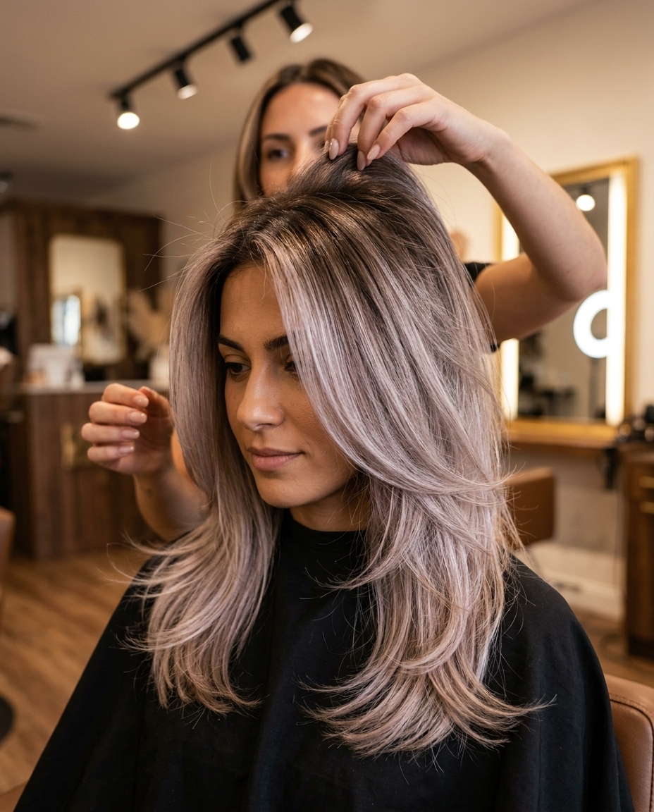 long layered ash blonde balayage with smoky pearl tones and natural root for sophisticated look