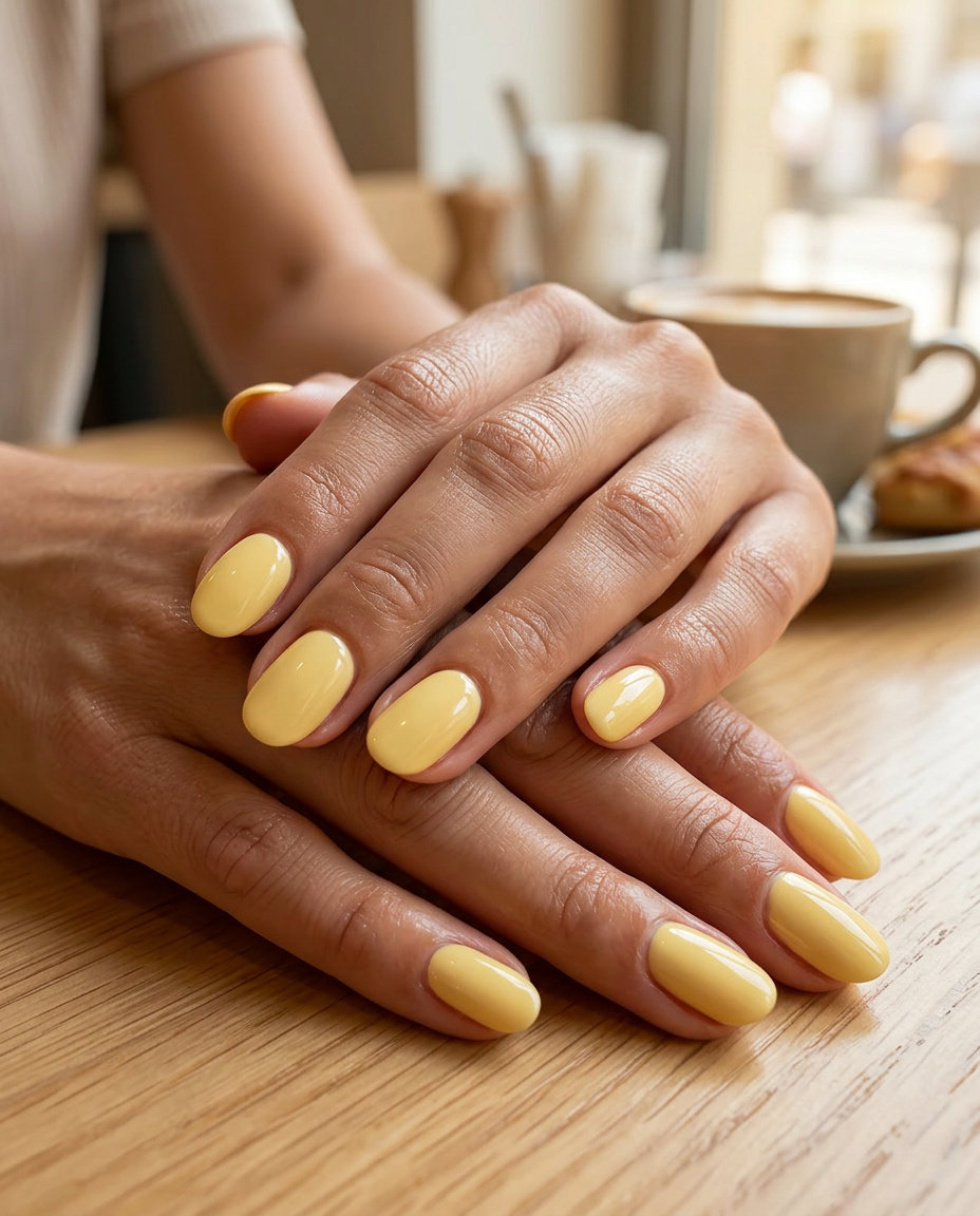 Butter yellow creamy oval nails for solid summer nails 2026. Soft, chic gel polish for daily wear and brunch.