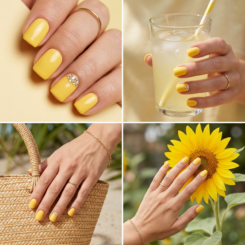 Buttercup sparkle almond nails for solid summer nails 2026. Playful, cheerful gel polish with rhinestones for festivals.