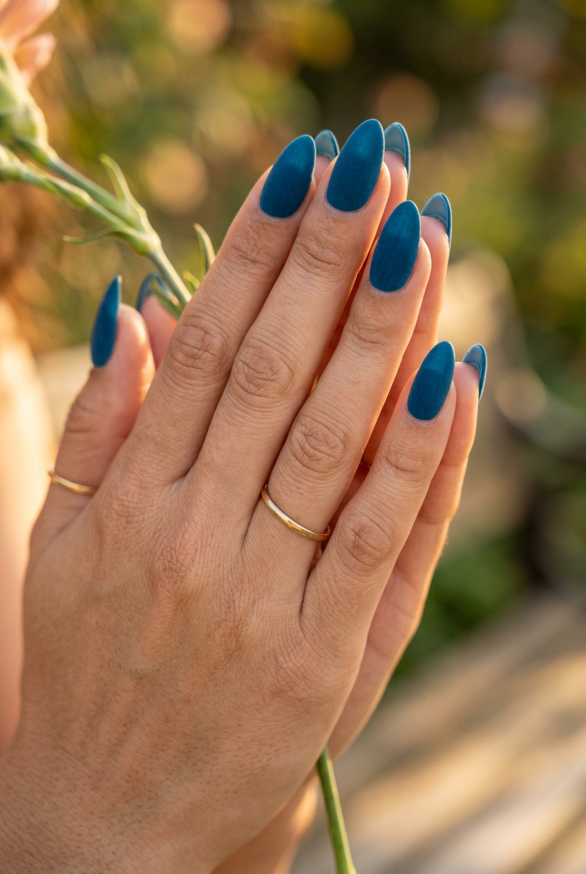 Deep teal velvet coffin nails for solid summer nails 2026. Sultry, luxurious matte finish perfect for date night or formal events.