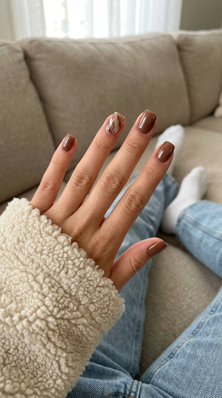 Earthy marble chic with browns and cream for solid summer nails 2026. Bohemian style for festivals and brunch.