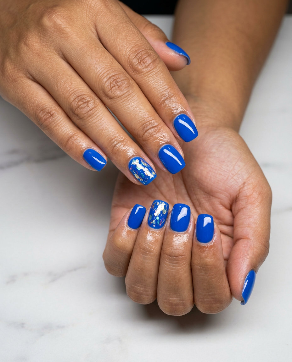 Electric blue foil nails for solid summer nails 2026. Futuristic, shimmering gel polish for festivals and summer parties.