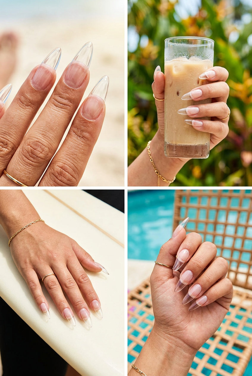 Futuristic glass stiletto nails for avant-garde events. Crystal clear, transparent extra-long stilettos, a bold solid summer nails 2026 choice.