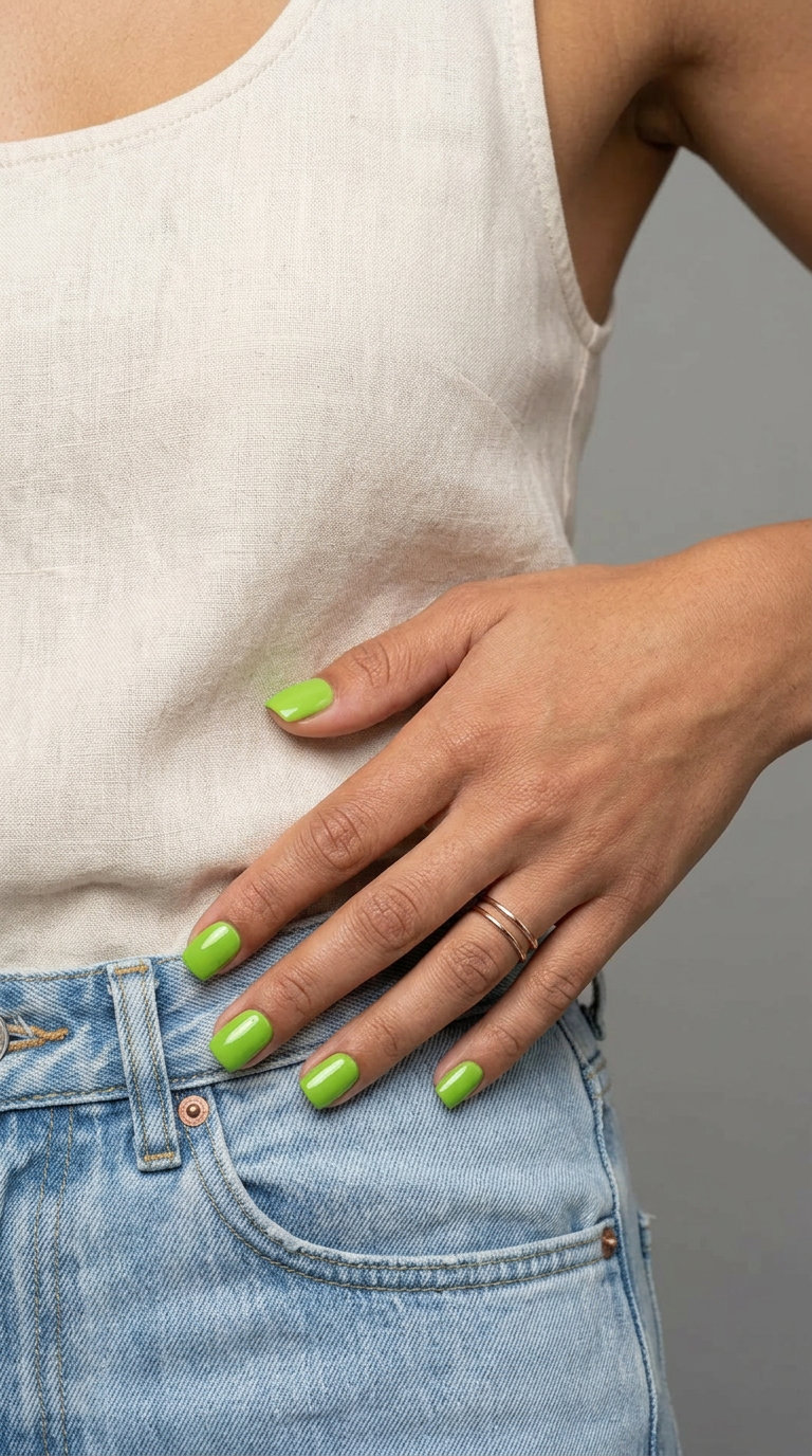 Lime green glossy square nails for solid summer nails 2026. Sophisticated, trendy gel polish for daily wear and casual events.