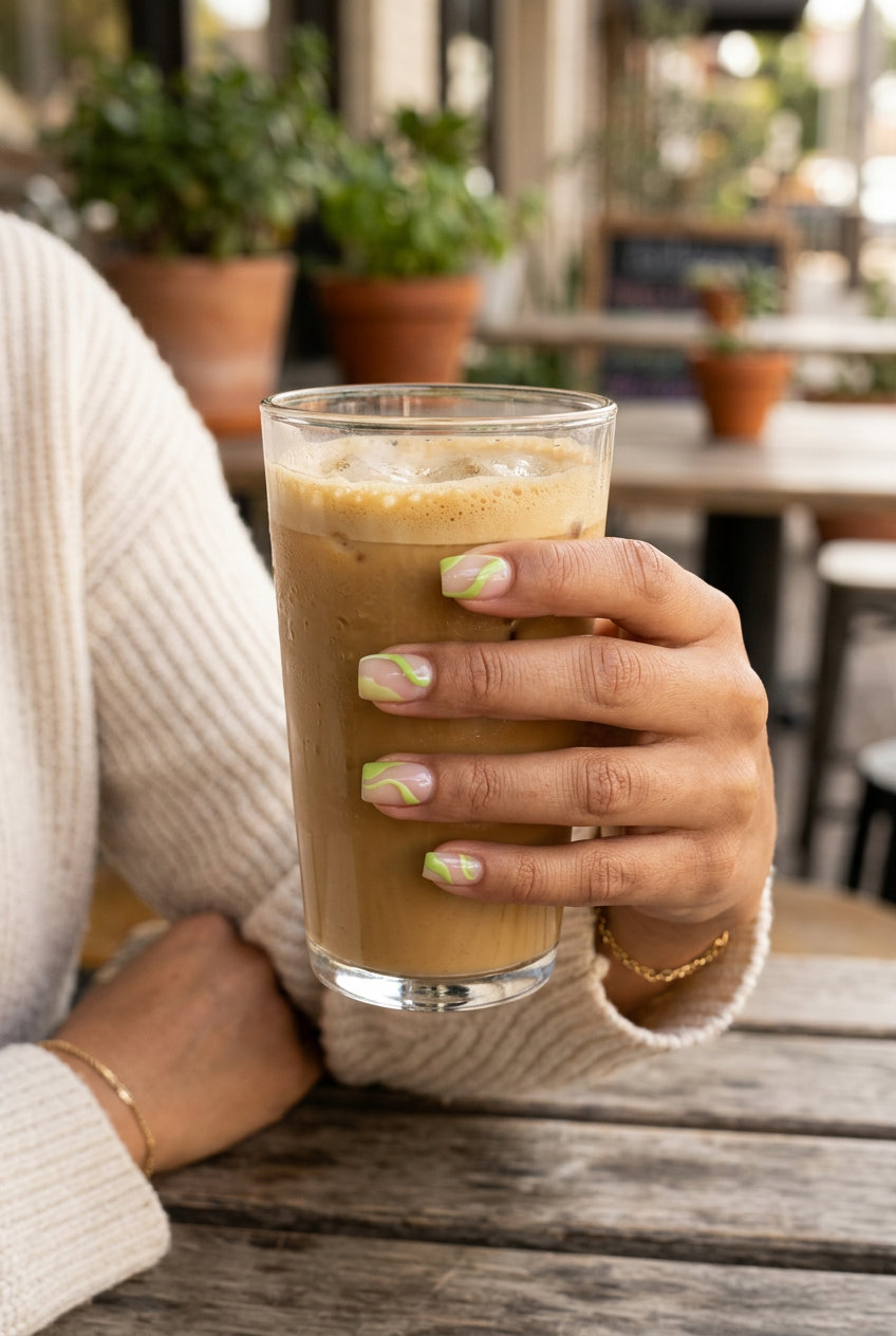 Minimalist lime green swirls on short square nails for solid summer nails 2026. Perfect for work or casual chic.