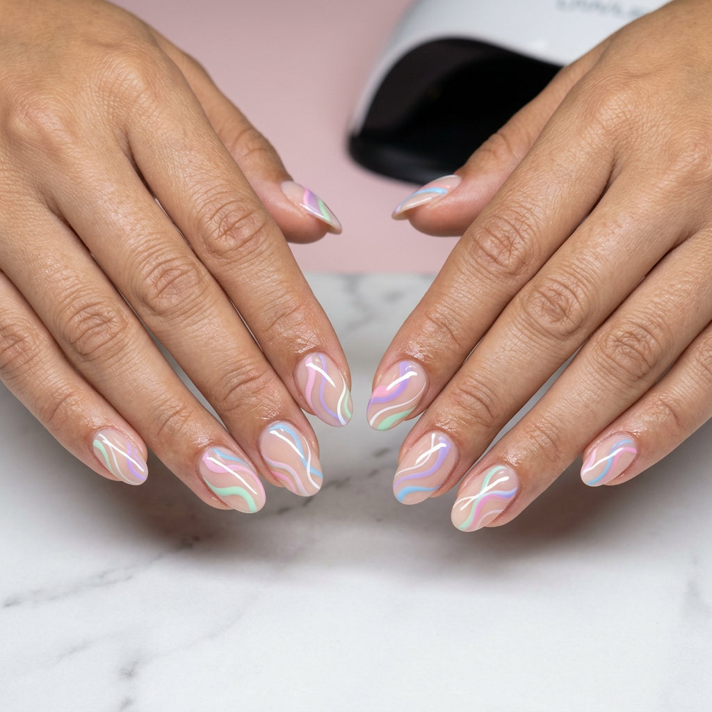 Abstract pastel swirls on sheer nude base for solid summer nails 2026. Whimsical style for vacation and festivals.