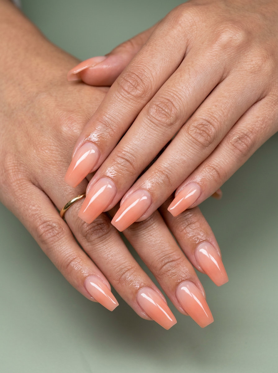 Peach ombre glass nails for solid summer nails 2026. Romantic, ethereal gel polish for weddings and date nights.