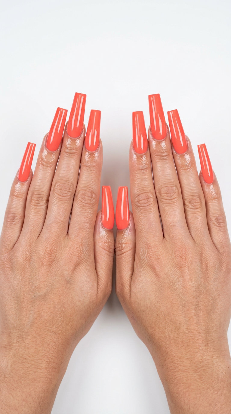 Vivid coral pipe dream nails for a bold summer soiree. Extra-long, high-gloss acrylics in solid summer nails 2026 style.