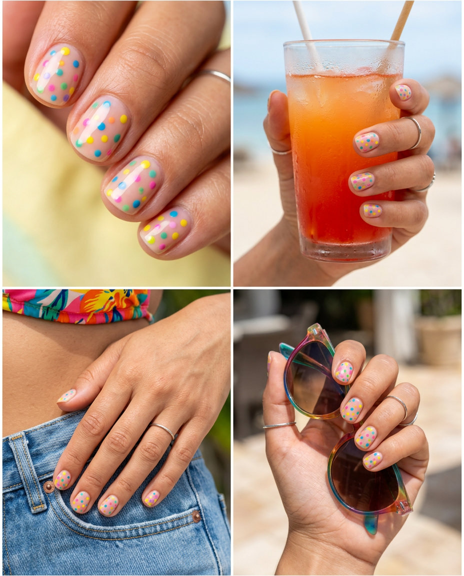 Polka dot nails with multicolor dots on milky base for solid summer nails 2026. Playful for vacation and festivals.